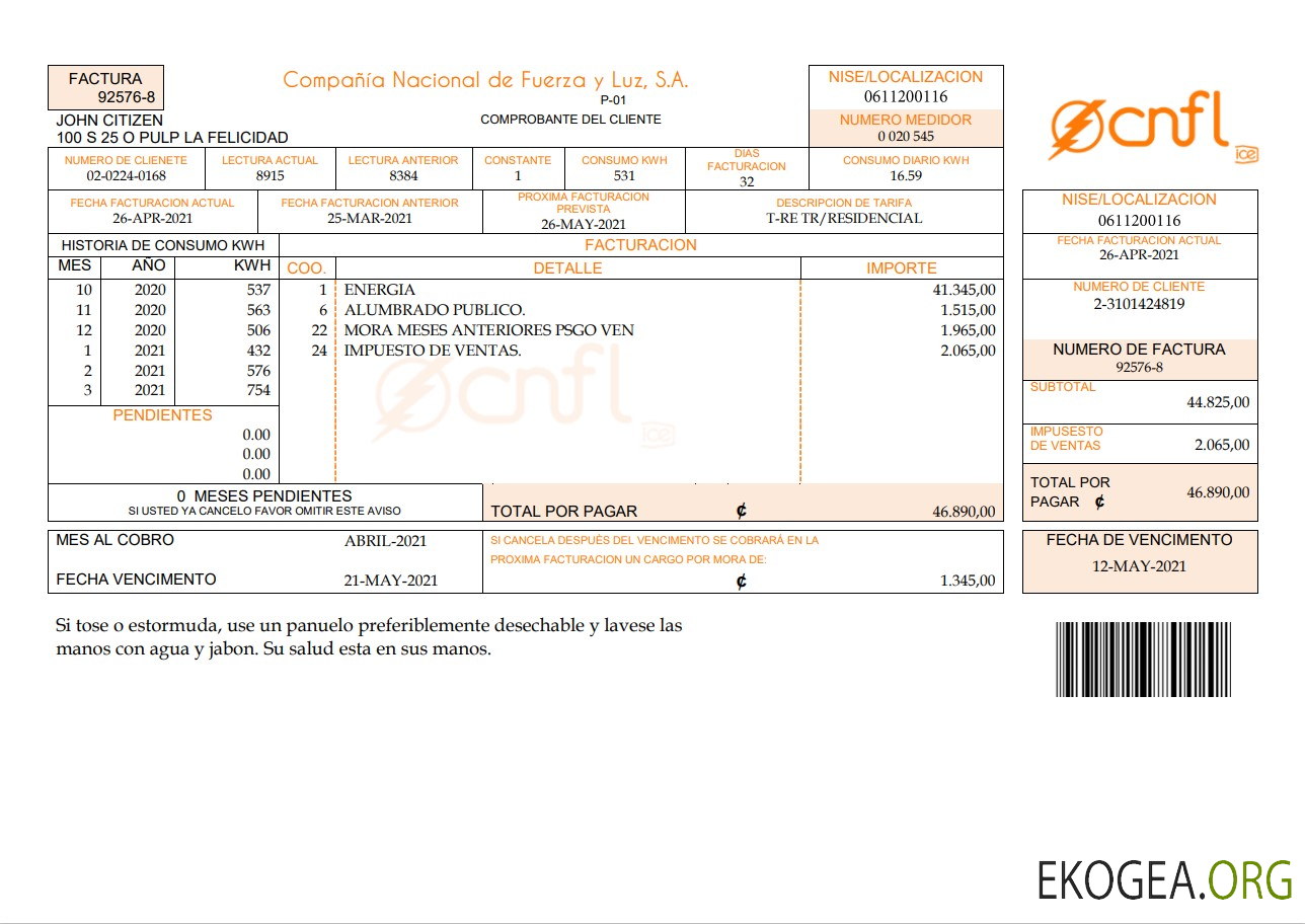 Costa Rica Compañía Nacional de Fuerza y Luz, S.A. (CNFL) utility bill